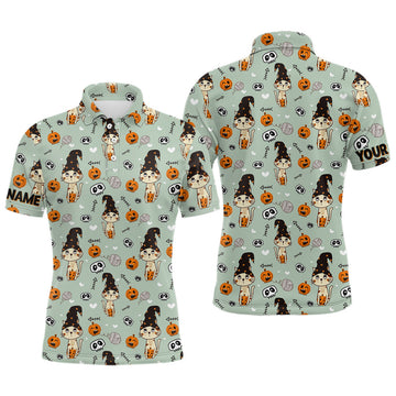 FUNSTUFFPRINT Cat Seamless Halloween Pattern Green Mens Golf Polo Shirts Cute Halloween Golf Gifts For Men Polo Shirt Size S-5XL