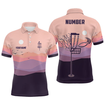 Custom Flat Mountain Sunset Landscape Mens Disc Golf Polo Shirts Custom Disc Golf Shirt For Men