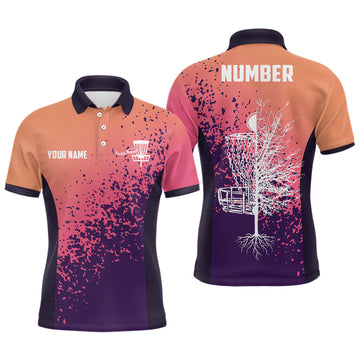 FUNSTUFFPRINT Personalized Disc Golf Gradient Sunset Paint Men Polo Shirt Custom Disc Golf Polo Shirt Size S-5XL