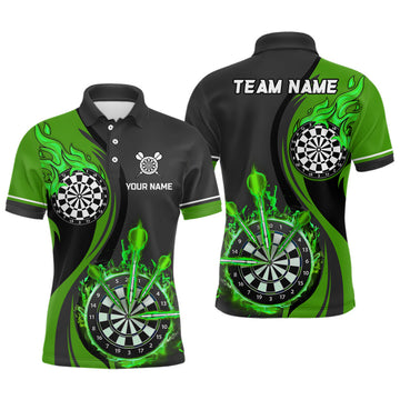 Custom Green Fire Dartboard Mens Darts Polo Shirt Custom Darts Shirt For Men Dart Jerseys