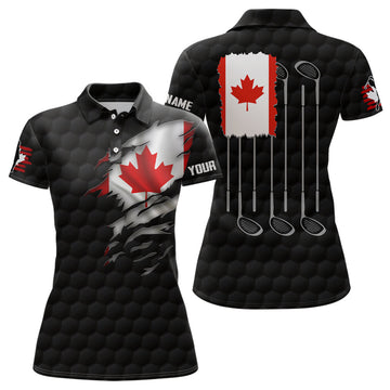 Custom 3D Canada Flag Black Golf Polo Shirts Red Maple Leaf Golf Tops For Women Patriotic Golf Gifts