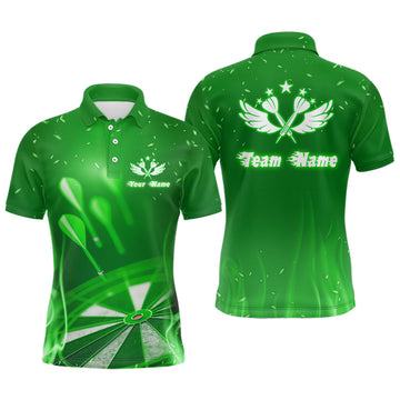 Custom Green Fire Flame Star Personalized Mens Darts Polo Shirt Custom Cool Dart Jerseys For Men