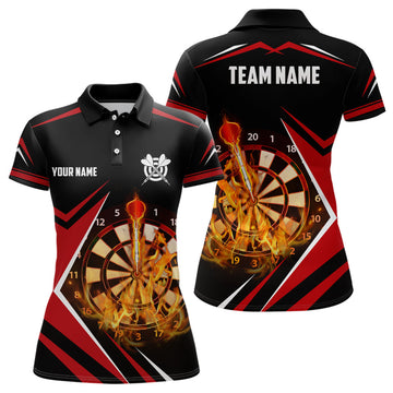 Custom Black Red Fire Flame Womens Darts Polo Shirt Custom Darts Shirt For Women Dart Jerseys