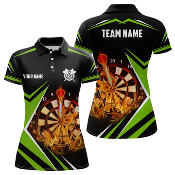 Custom Black Green Fire Flame Womens Darts Polo Shirt Custom Darts Shirt For Women Dart Jerseys