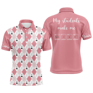 FUNSTUFFPRINT Science Pink Argyle Pattern, My Students Make Me Smile Men Polo Shirt Size S-5XL