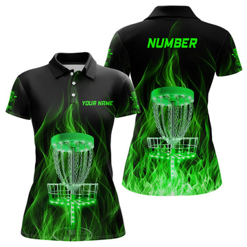 Custom Green Fire Flame Disc Golf Basket Polo Shirts Custom Disc Golf Shirts For Women Golf Gifts