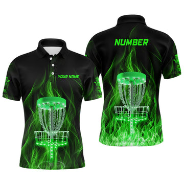 Custom Green Fire Flame Disc Golf Basket Mens Polo Shirts Custom Disc Golf Shirts For Men Golf Gifts
