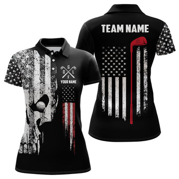 Custom American Flag Skull Golf Polo Shirts Custom Patriotic Scary Golf Shirts For Women Golf Gifts