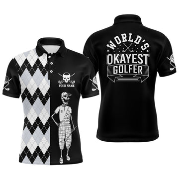 FUNSTUFFPRINT Skull Funny Golf Custom Name Polo Shirt Black & White Argyle Golf Shirts For Men, Golf Gifts Polo Shirt Size S-5XL