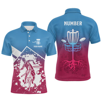 Custom Pink Blue Silhouette Mens Disc Golf Polo Shirt Custom Disc Golf Basket Shirt For Men Disc Golf Jersey
