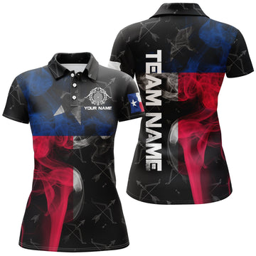 Custom Personalized Vintage Smoke Texas Flag Archery Polo Shirts For Women, Archery Bows Pattern Jerseys