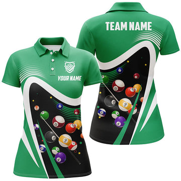 Custom Personalized Green Sport Billiard Balls 3D Polo Shirts For Women, Custom 8 Ball Billiard Team Jerseys