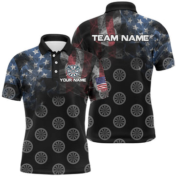 FUNSTUFFPRINT Personalized Smoke US Flag Dart Polo Shirts, Custom Patriotic Darts Shirts For Men Dart Polo Shirt Size S-5XL