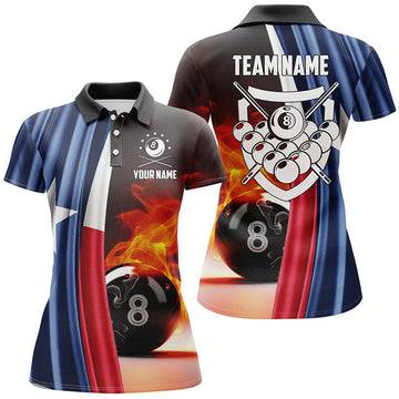 Custom Personalized Fire 8 Ball Pool Billiard 3D Polo Shirts For Women, Custom Texas Flag Billiards Jerseys