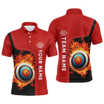 Personalized Black Red Flaming Target Archery 3D Polo Shirts For Men, Custom Archery Team Jerseys