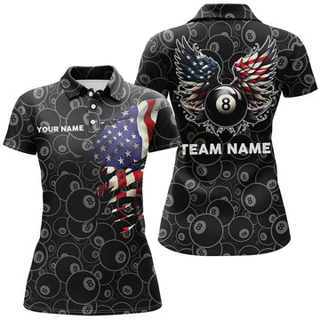 Custom Personalized US Flag 8 Ball Billiard 3D Polo Shirts For Women, Funny Billiard 8 Ball Wings Jerseys