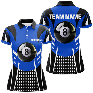 Custom Personalized Blue Black 8 Ball Billiard 3D Polo Shirts For Women, Custom Billiard 8 Ball Pool Jerseys