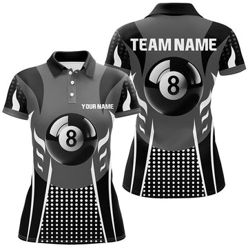 Custom Personalized White Black 8 Ball Billiard 3D Polo Shirts For Women, Sport Billiard 8 Ball Pool Jerseys