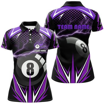Custom Personalized Billiard 8 Ball Pool Thunder Purple Polo Shirts For Women, Custom Billiards 3D Shirts