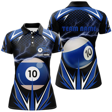 Custom Personalized Thunder Blue 10 Ball Billiard 3D Polo Shirts For Women, Custom 10 Ball Billiard Jerseys
