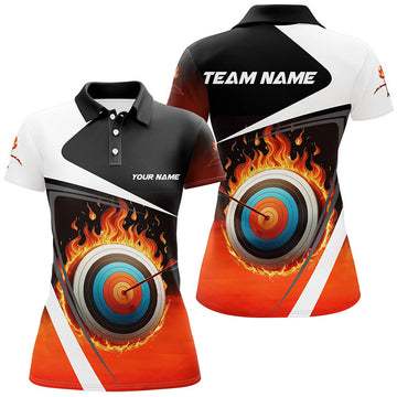 Custom Personalized Flaming Target Archery 3D Polo Shirts For Women, Fire Bow And Arrow Archery Team Shirts