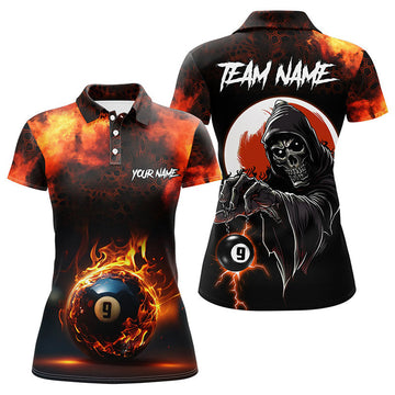 Custom Personalized Flame 9 Ball Pool Billiard Polo Shirts For Women Custom Skull Billiard Team Shirts