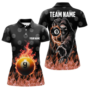 Custom Personalized Flame 9 Ball Pool Pattern Billiard Polo Shirts For Women Custom Skull Billiard Shirts
