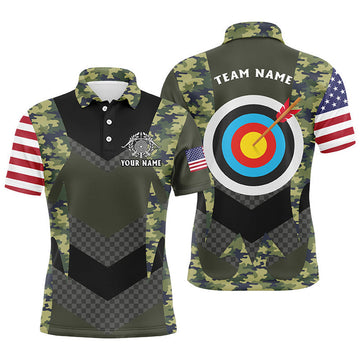 FUNSTUFFPRINT Personalized US Flag Camouflage Target Archery 3D Polo Shirts For Men, Custom Archery Polo Shirt Size S-5XL