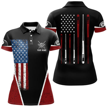 Custom Personalized US Flag 8 Ball Pool Polo Shirts For Women, Custom American Flag Sticks Billiard Shirts