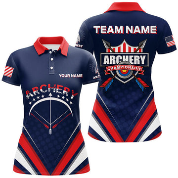 Custom Personalized Arrow Bow Archery Polo Shirts For Women, Custom US Flag Archery Championship Shirts