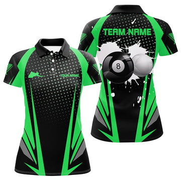 Custom Personalized Paint Billiard Balls Black Green 3D Polo Shirts For Women, 8 Ball Billiards Jerseys
