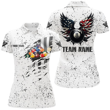 Custom Personalized US Flag Billiard Balls 3D Polo Shirts For Women, White Billiard 8 Ball Wings Jerseys