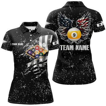 Custom Personalized US Flag Billiard Balls 3D Polo Shirts For Women, Funny Billiard 9 Ball Wings Jerseys