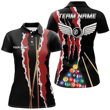 Custom Personalized Red Black Sticks Billiard 8 Ball Polo Shirts For Women, Custom Billiard Balls Jerseys