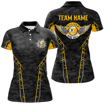 Custom Personalized Camo Yellow 9 Ball Pool Polo Shirts For Women, Custom Billiard 9 Ball Team Jerseys