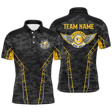 FUNSTUFFPRINT Personalized Camo Yellow 9 Ball Pool Polo Shirts For Men, Custom Billiard 9 Ball Team Polo Shirt Size S-5XL