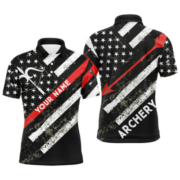 Personalized Grunge American Flag Bow Archery Polo Shirts For Men, Custom Arrow Archery Shirts