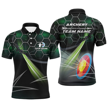 Personalized Green 3D Target Archery Polo Shirts For Men, Custom Name Arrow Archery Team Shirts