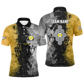 FUNSTUFFPRINT Personalized Yellow Black 9 Ball Pool Polo Shirts For Men, Custom Name Billiard 9 Ball Team Polo Shirt Size S-5XL