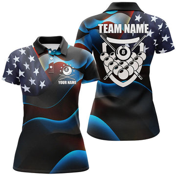 Custom Personalized 3D US Flag 8 Ball Pool Polo Shirts For Men, Custom Name Billiard 8 Ball Team Jerseys