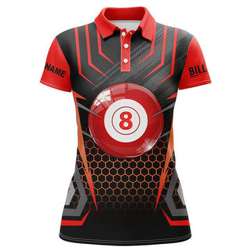Custom Personalized Black Red 8 Ball Pool Polo Shirts For Women, Custom Name Billiard 8 Ball Jerseys