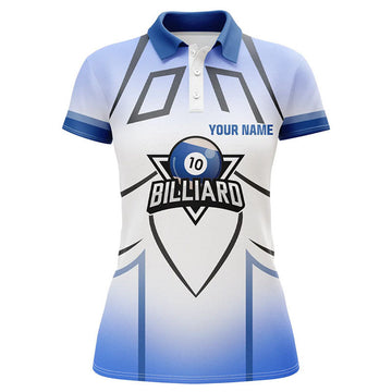 Custom Personalized Blue 10 Ball Billiard 3D Polo Shirts For Women, Custom 10 Ball Pool Billiards Jerseys