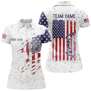 Custom Personalized White Grunge US Flag Target Archery 3D Polo Shirts For Women, Custom Bow Archery Shirts