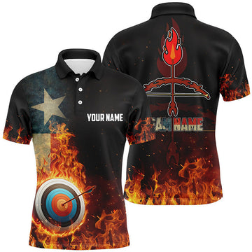 FUNSTUFFPRINT Personalized Texas Flag Flaming Target Archery 3D Polo Shirts For Men, Fire Arrow Archery Polo Shirt Size S-5XL