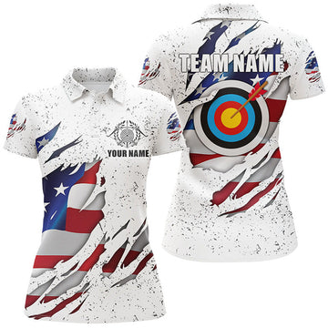 Custom Personalized White Grunge US Flag Target Archery 3D Polo Shirts For Women, Custom Archery Team Shirts
