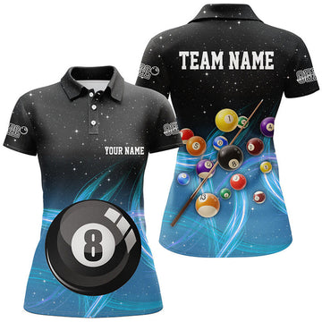 Custom Personalized Blue Gradient 8 Ball Billiard 3D Polo Shirts For Women, Custom 8 Ball Pool Team Jerseys