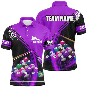 Personalized Billiard Balls Purple 3D Polo Shirts For Men, Custom Player Billiards Pool Jerseys
