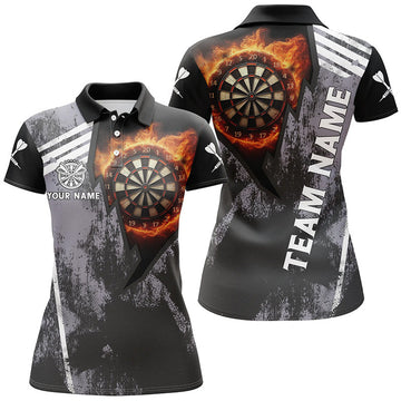 Custom Personalized Grunge Black Flame Dartboard Dart 3D Polo Shirt For Women, Custom Women Dart Jerseys
