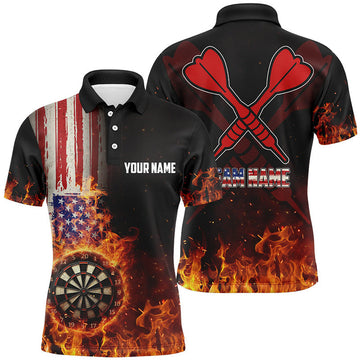 Personalized US Flag Fire Dartboard Dart 3D Polo Shirts For Men, Custom Patriotic Mens Dart Jerseys
