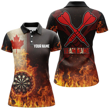 Custom Personalized Canada Flag Flame Dartboard Dart 3D Polo Shirt For Women, Patriotic Women Dart Jerseys
